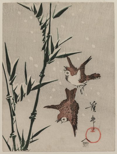 Sparrows, Bamboo and Falling Snow by Keisai Eisen