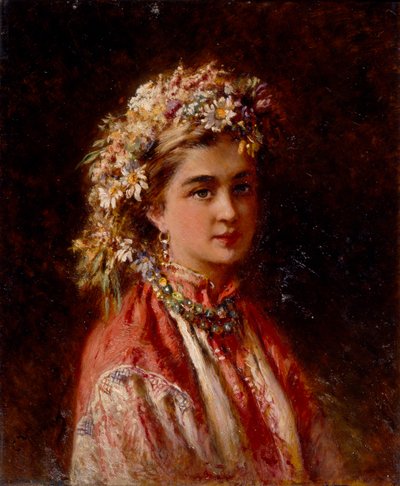 Young girl with flower garland by Konstantin Egorovich Makovsky