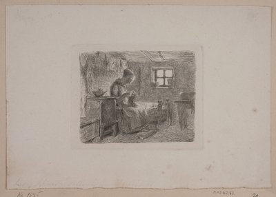 Farmhouse with a Knitting Woman by L.A. Schou