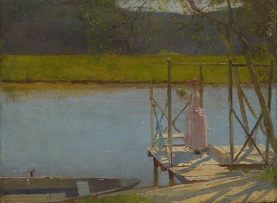 Woman beside a boat by Laszlo Mednyanszky