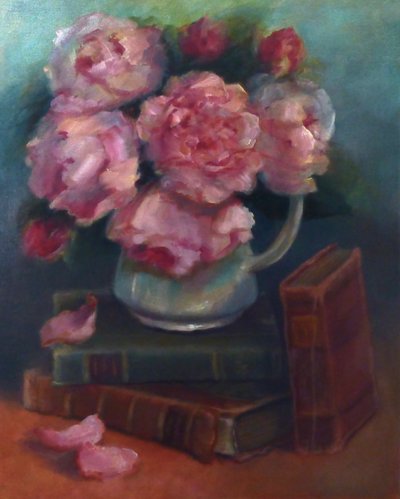 Peonies and Books by Lee Campbell