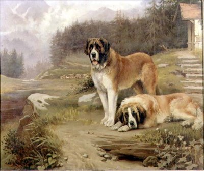Two St. Bernards in an Alpine Landscape by Leghe Suthers