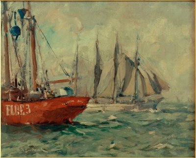 Four-Masted Gaff Schooner Passing Elbe 3 by Leonhard Sandrock