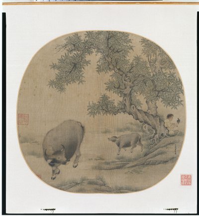 Man, Buffalo, and Calf by Li You