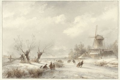 Winter Landscape with Skaters near a Mill by Lodewijk Johannes Kleijn