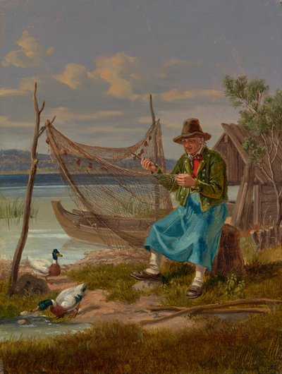 Fishermen Mending Nets by the Lake by Lorenz Quaglio