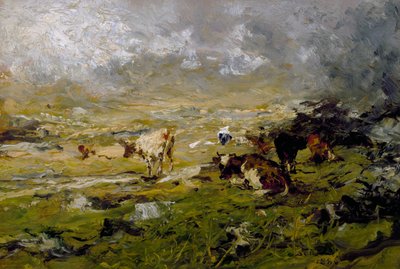 Mountain landscape with cows grazing by Lorenzo Delleani