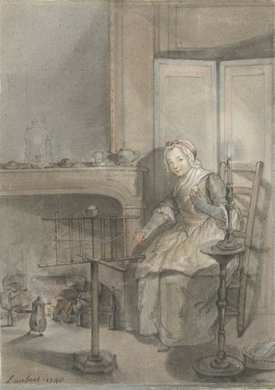 Interior with a Young Woman Winding Wool by Louis Aubert