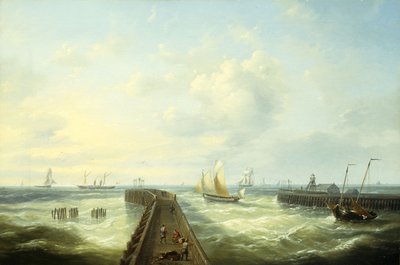 Fishing Boats off a Jetty at Ostend by Louis Verboeckhoven