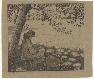 Girl Under a Tree in a Meadow by Lucien Pissarro
