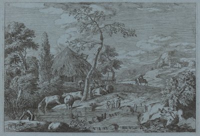 Cattle and Figures at a Farmyard Stream by Marco Ricci