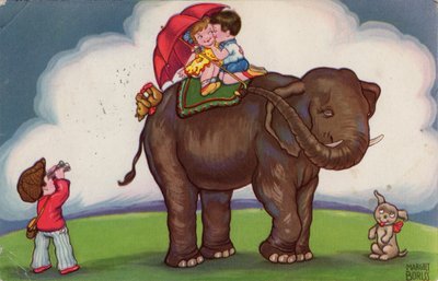 Children riding on an elephant, 1932 by Margret Boriss