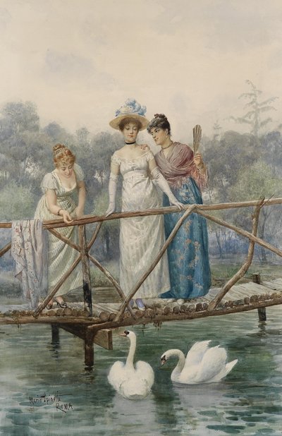 Young Women Feeding Swans by Mario Spinetti