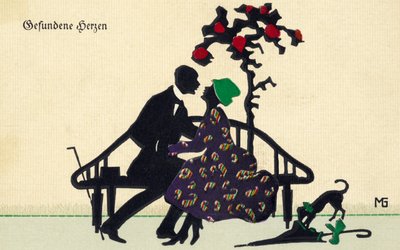 Silhouette of courting couple (postcard) by Marte Graf