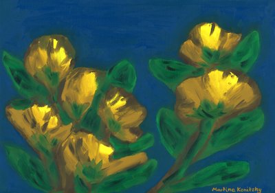 Yellow Roses Evening Sky Composition Brown Yellow Blue by Martina Konitzky