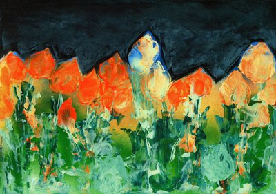 Black Rain Sky over a Mountain Landscape with Flowers by Martina Konitzky