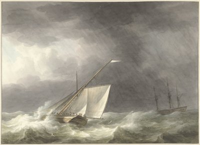 Two Sailing Ships on Rough Sea by Martinus Schouman