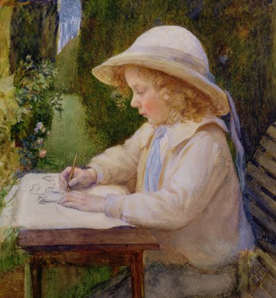 Girl drawing on a garden table (study) by Mary Harcourt