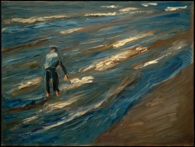 Shellfishers on the Beach - Blue Sea by Max Liebermann