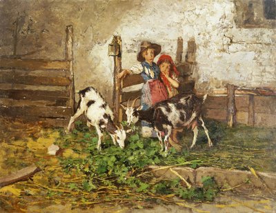 Children and Goats in a Barn by Mose Bianchi