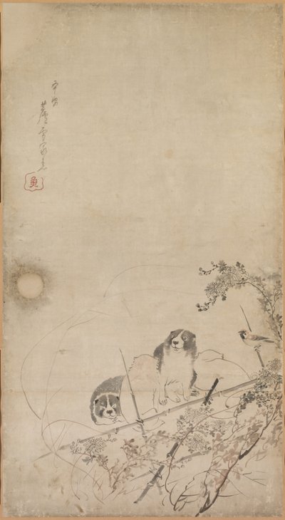 Puppies, Sparrows and Chrysanthemums by Nagasawa Rosetsu