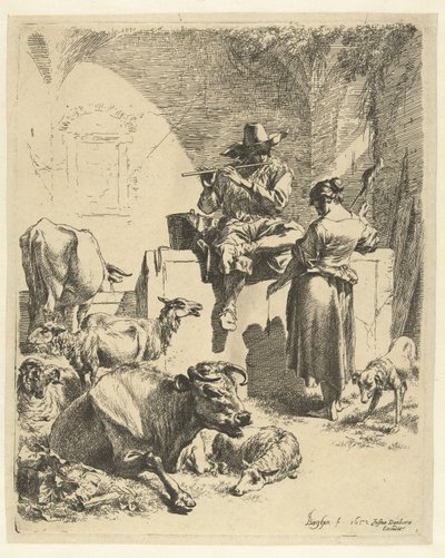 Shepherd Playing Flute and Spinner by Nicolaes Pietersz Berchem