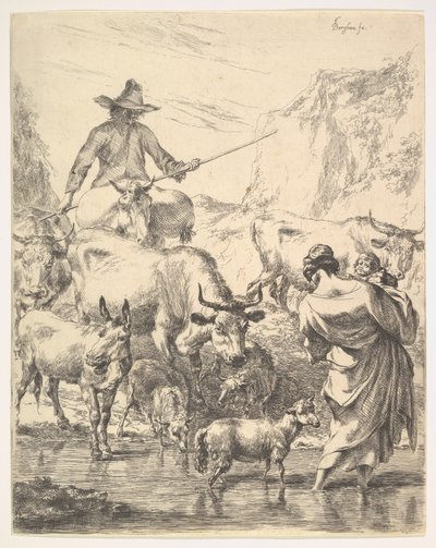 The Flock Crossing the Stream by Nicolaes Pietersz. Berchem