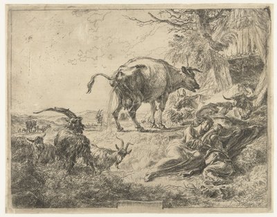 Sleeping Shepherd Family and Resting Cattle by Nicolaes Pietersz Berchem