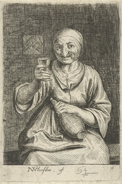 Old Woman with Glass and Jug by Nicolaes van Haeften