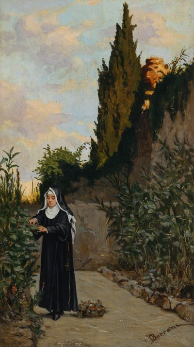 Nun in garden by Odoardo Borrani