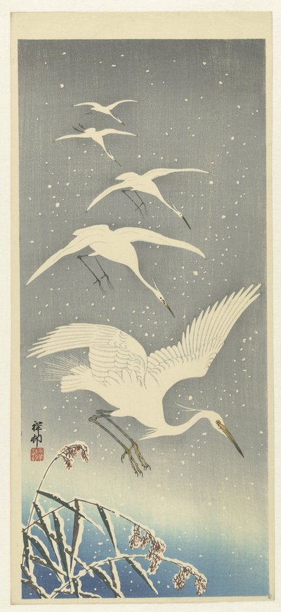 Descending Egrets in Snow by Ohara Koson