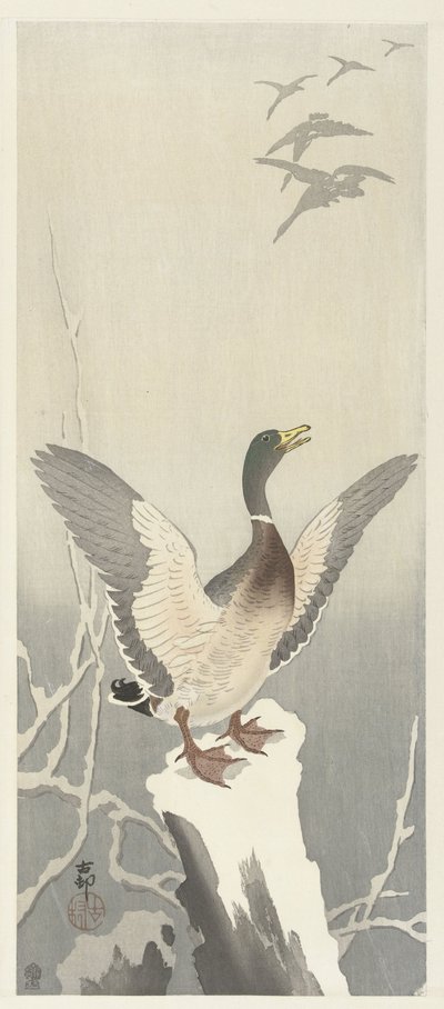 Duck on Snowy Tree Stump by Ohara Koson
