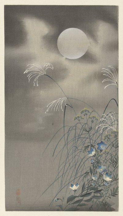 Grasses and Flowers by a Full Moon by Ohara Koson