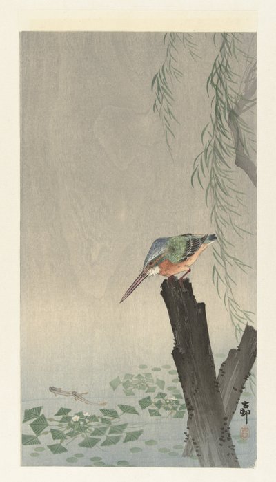 Kingfisher on Tree Stump by Ohara Koson