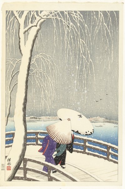 In the Snow on Yanagibashi by Ohara Koson