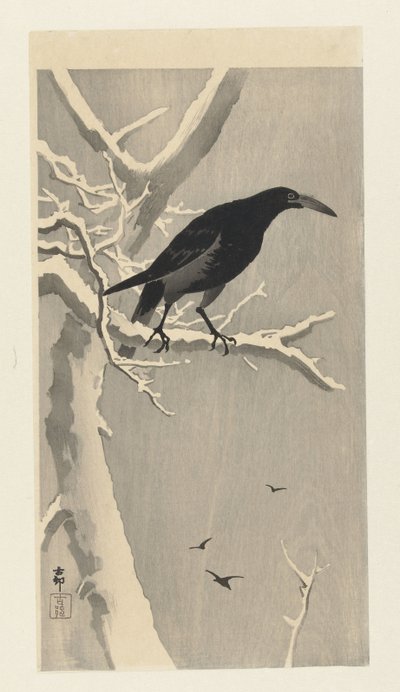 Crow on Snowy Tree Branch by Ohara Koson