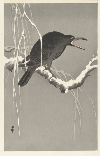 Crow on Snowy Tree Branch by Ohara Koson