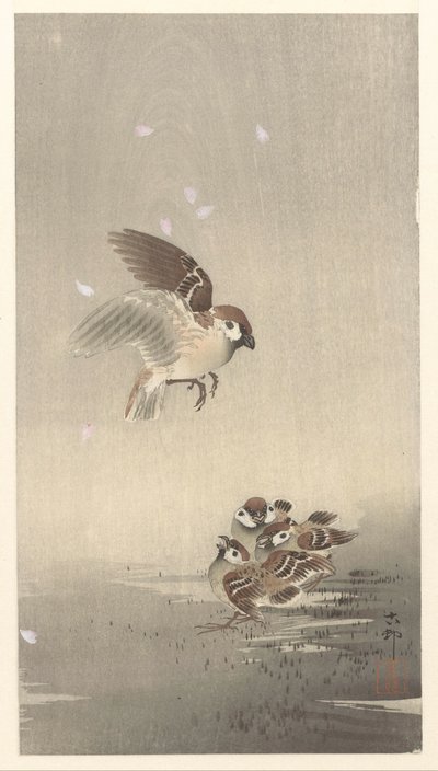 Tree Sparrow with Young by Ohara Koson