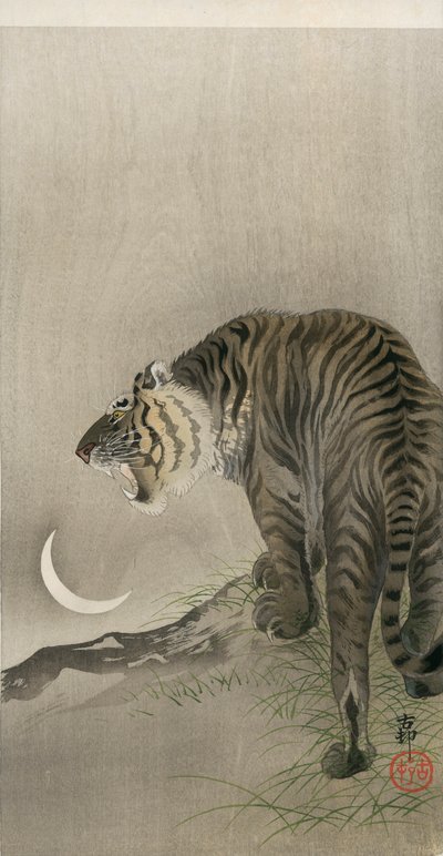 Roaring Tiger and Crescent Moon by Ohara Koson