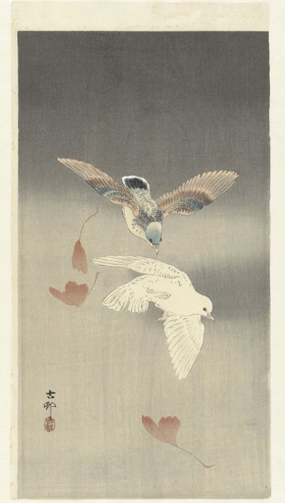 Two Doves with Falling Ginkgo Leaves by Ohara Koson