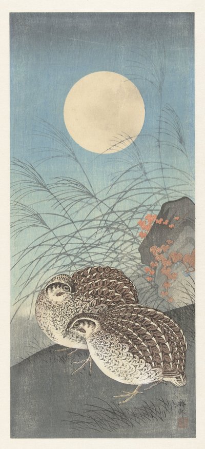 Two Quails by the Full Moon by Ohara Koson