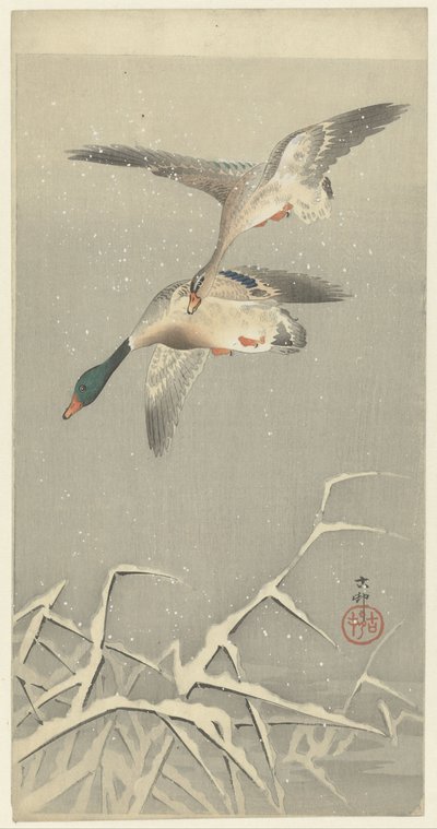Two Wild Ducks in Flight by Ohara Koson