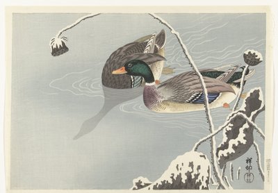 Two Mallards near a Snow-Covered Lotus by Ohara Koson