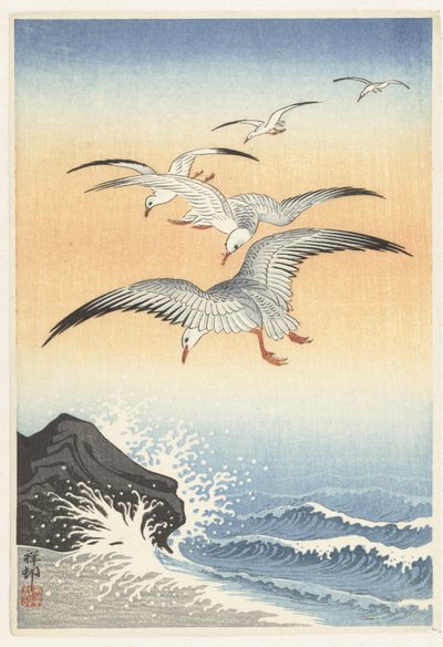 Five Seagulls Above a Stormy Sea by Ohara Koson