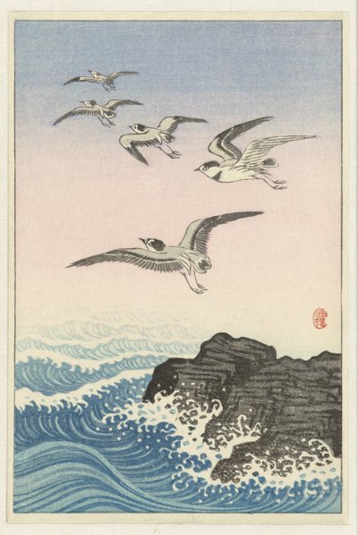 Five Seagulls Above Rock in Sea by Ohara Koson