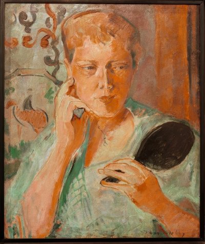 Portrait of Margarethe with Black Hand Mirror by Oskar Moll