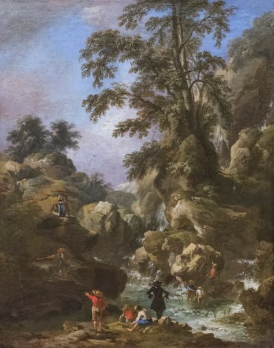 Landscape with Waterfall and Figures by Pandolfo Reschi