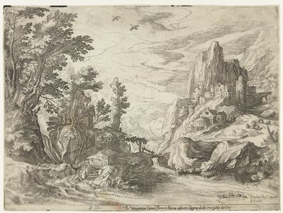 River Landscape in Campania with City on Rocks by Paul Bril