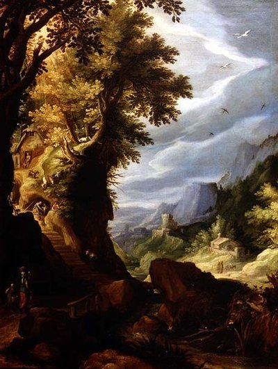 A Mountainous Wooded Landscape by Paul Brill or Bril