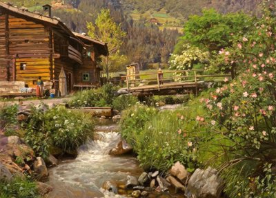 P. Mönsted, Mountain Hut by the Stream by Peder Monsted